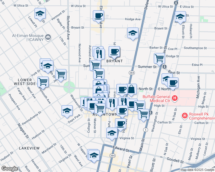 map of restaurants, bars, coffee shops, grocery stores, and more near 165 North Street in Buffalo