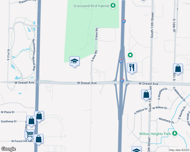 map of restaurants, bars, coffee shops, grocery stores, and more near 1900 West Drexel Avenue in Oak Creek