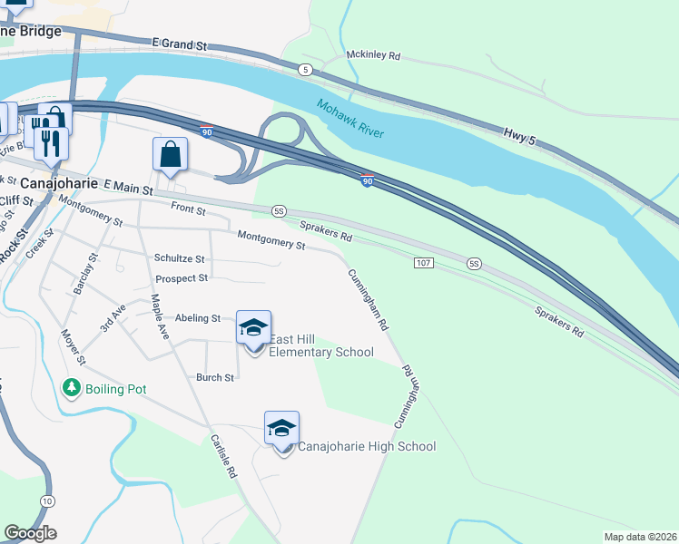 map of restaurants, bars, coffee shops, grocery stores, and more near 172 Montgomery Street in Canajoharie