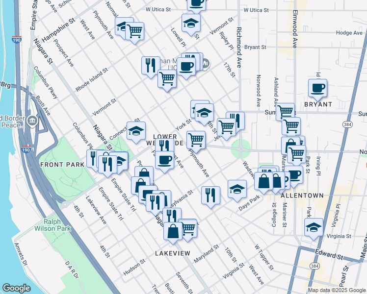 map of restaurants, bars, coffee shops, grocery stores, and more near 432 Porter Avenue in Buffalo