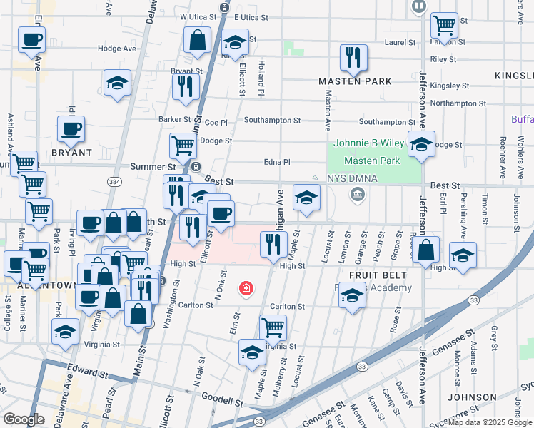 map of restaurants, bars, coffee shops, grocery stores, and more near 150 East North Street in Buffalo