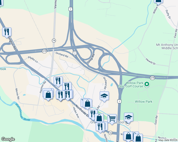 map of restaurants, bars, coffee shops, grocery stores, and more near 451 Orchard Road in Woodford
