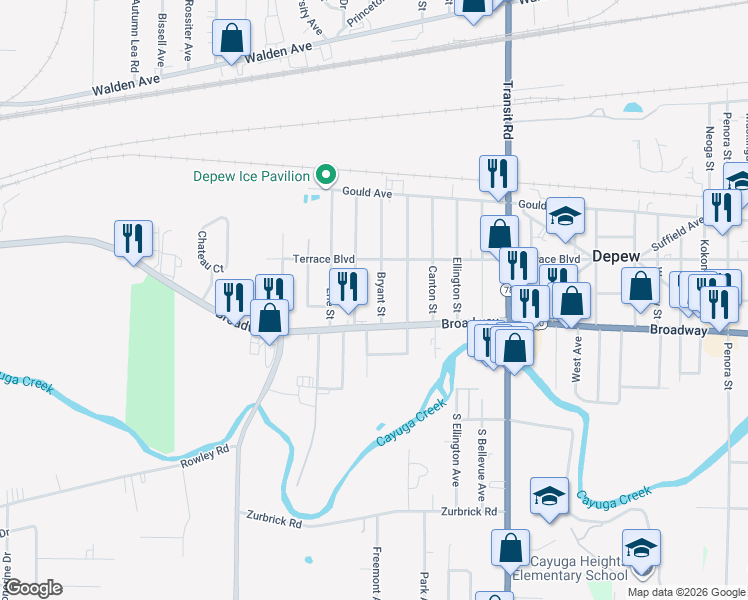 map of restaurants, bars, coffee shops, grocery stores, and more near 261 Bryant Street in Depew