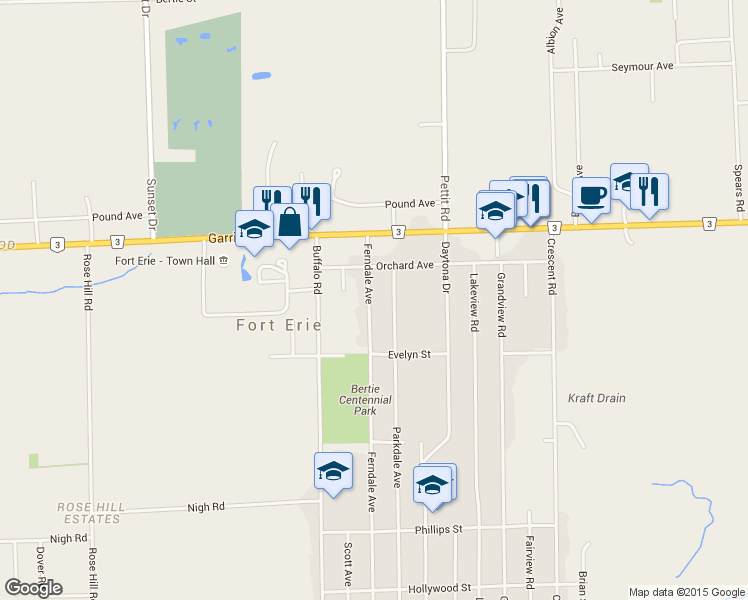 map of restaurants, bars, coffee shops, grocery stores, and more near 978 Ferndale Avenue in Fort Erie