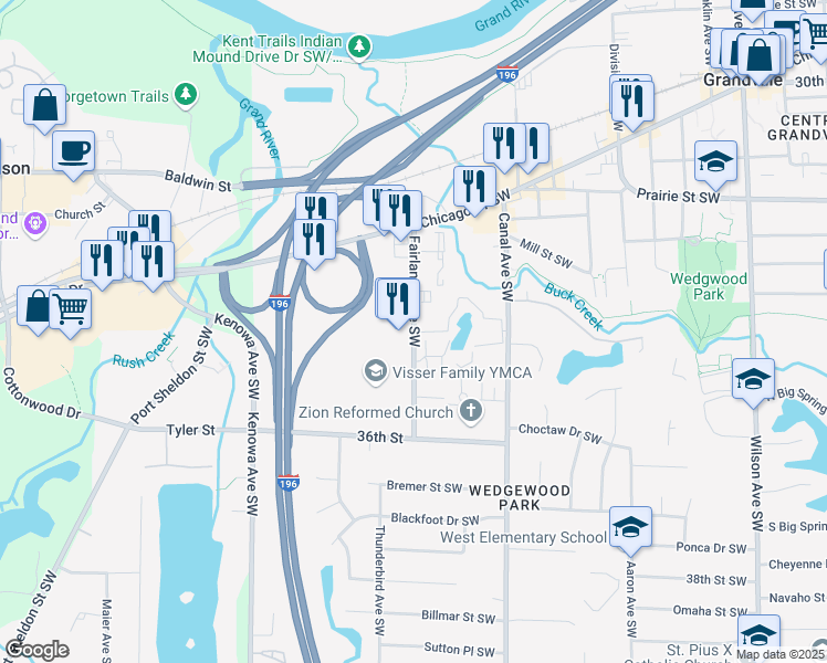 map of restaurants, bars, coffee shops, grocery stores, and more near Fairlanes Avenue Southwest in Grandville