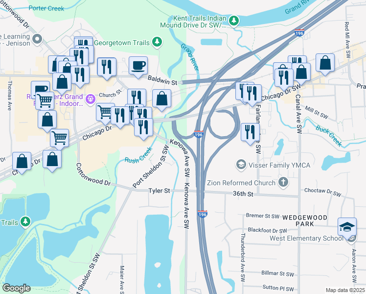 map of restaurants, bars, coffee shops, grocery stores, and more near 5701 Kenowa Avenue Southwest in Grandville