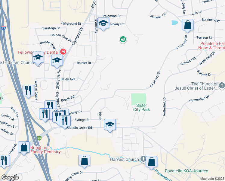 map of restaurants, bars, coffee shops, grocery stores, and more near 2075 South Fairway Drive in Pocatello