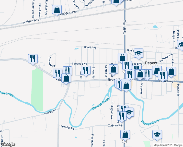 map of restaurants, bars, coffee shops, grocery stores, and more near 261 Bryant Street in Depew