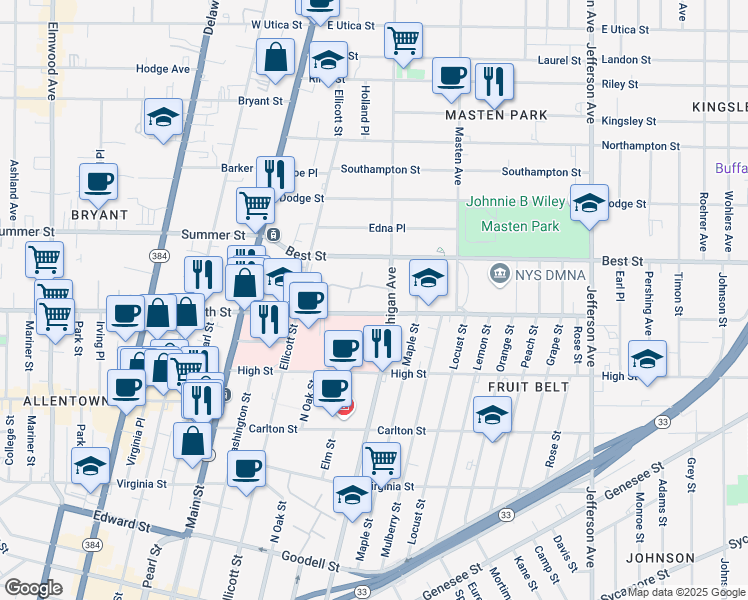 map of restaurants, bars, coffee shops, grocery stores, and more near 150 East North Street in Buffalo