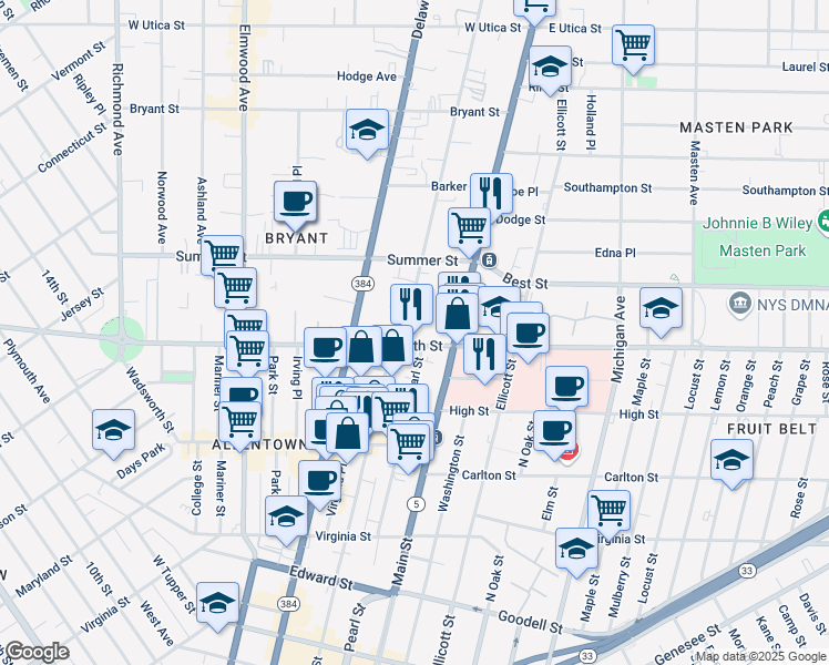 map of restaurants, bars, coffee shops, grocery stores, and more near 25 Linwood Avenue in Buffalo