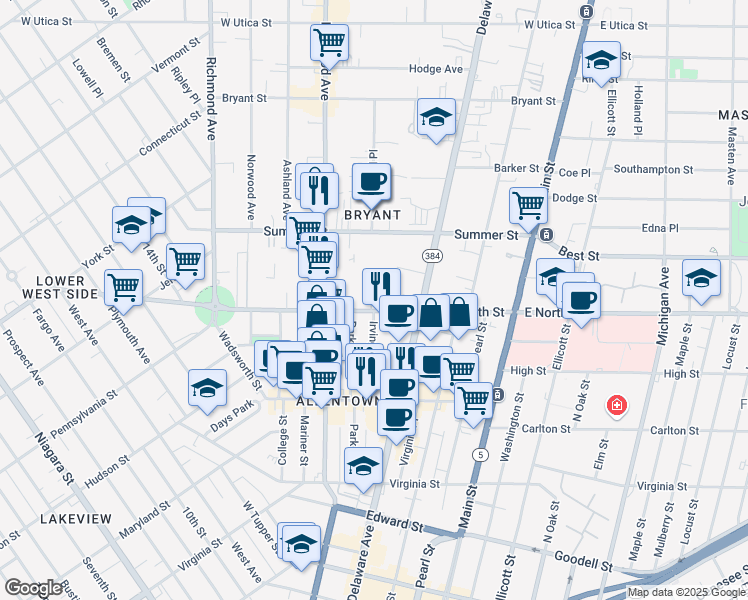 map of restaurants, bars, coffee shops, grocery stores, and more near 15 Mayfair Lane in Buffalo