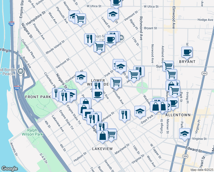 map of restaurants, bars, coffee shops, grocery stores, and more near 432 Porter Avenue in Buffalo