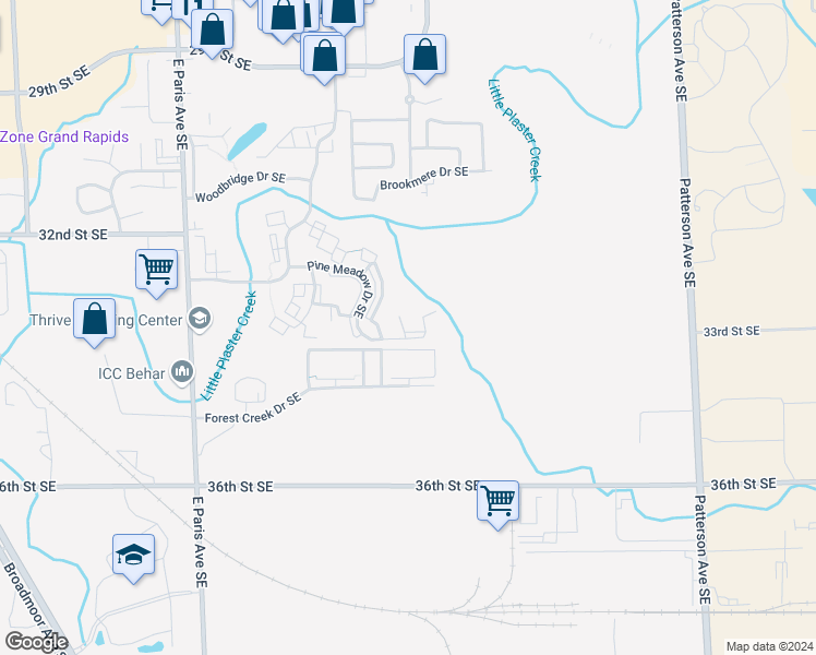 map of restaurants, bars, coffee shops, grocery stores, and more near 3360 Pine Meadow Drive Southeast in Kentwood