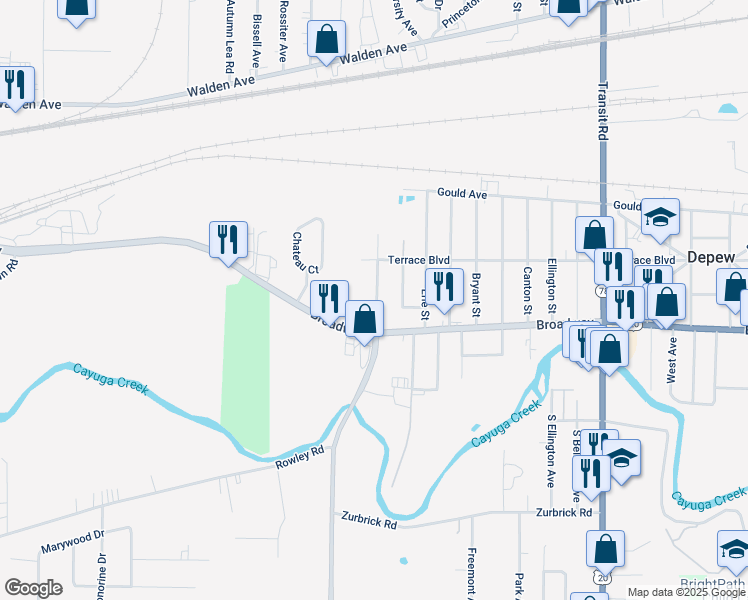 map of restaurants, bars, coffee shops, grocery stores, and more near in Depew