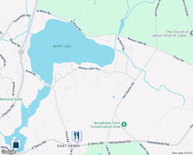 map of restaurants, bars, coffee shops, grocery stores, and more near 27 Beaver Lake Avenue in Derry