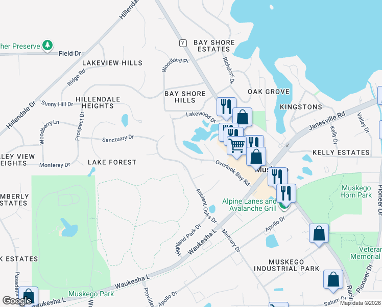 map of restaurants, bars, coffee shops, grocery stores, and more near W193S7836 Overlook Bay Road in Muskego