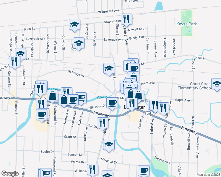 map of restaurants, bars, coffee shops, grocery stores, and more near 27 North Aurora Street in Lancaster
