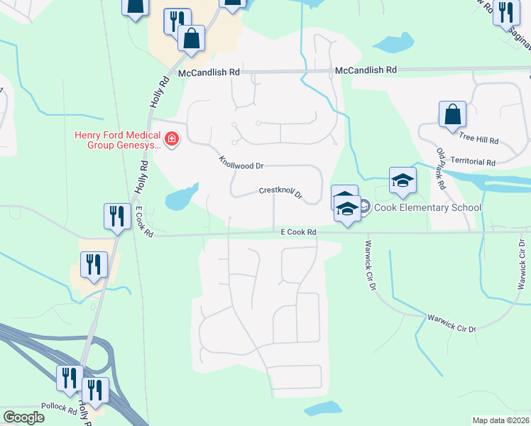 map of restaurants, bars, coffee shops, grocery stores, and more near 4250 Crestknoll Drive in Grand Blanc