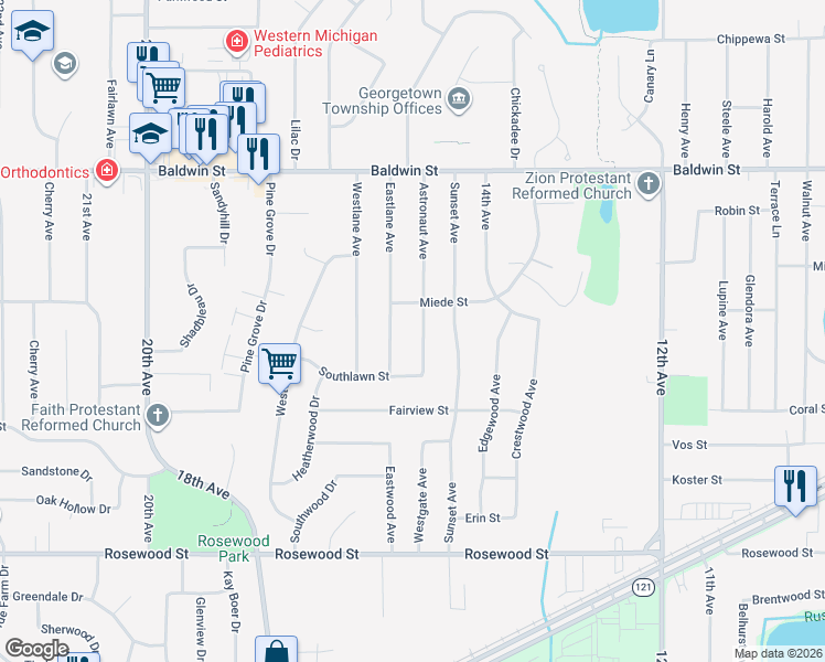map of restaurants, bars, coffee shops, grocery stores, and more near 7352 Astronaut Avenue in Georgetown Township