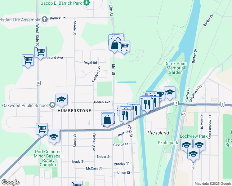 map of restaurants, bars, coffee shops, grocery stores, and more near 885 Elm Street in Port Colborne