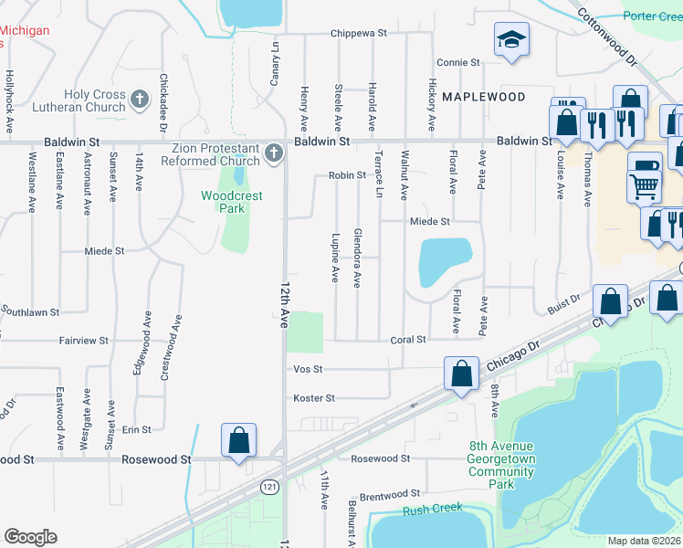 map of restaurants, bars, coffee shops, grocery stores, and more near 7366 Lupine Avenue in Georgetown Township