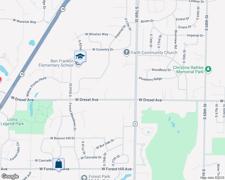 map of restaurants, bars, coffee shops, grocery stores, and more near 7813 Ridgewood Drive in Franklin