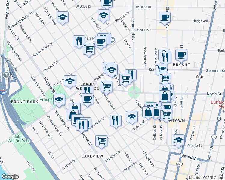 map of restaurants, bars, coffee shops, grocery stores, and more near Porter Avenue & Jersey Street in Buffalo