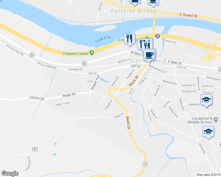 map of restaurants, bars, coffee shops, grocery stores, and more near 27 Wheeler Street in Canajoharie