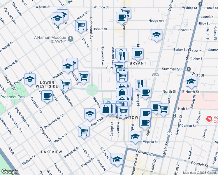 map of restaurants, bars, coffee shops, grocery stores, and more near 267 North Street in Buffalo