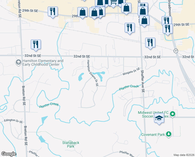 map of restaurants, bars, coffee shops, grocery stores, and more near 3348 Hampton Downs Drive Southeast in Kentwood