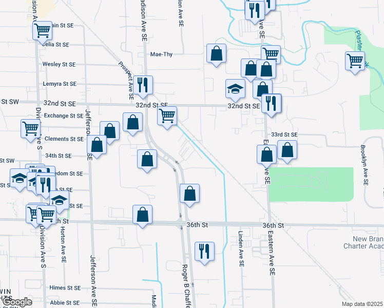 map of restaurants, bars, coffee shops, grocery stores, and more near 3400 Roger B Chaffee Memorial Boulevard Southeast in Grand Rapids