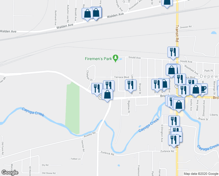 map of restaurants, bars, coffee shops, grocery stores, and more near 36 A Street in Depew