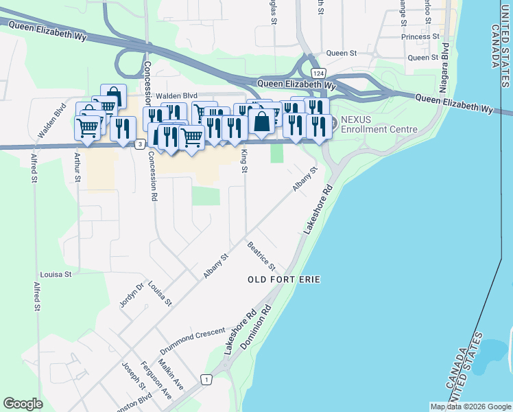 map of restaurants, bars, coffee shops, grocery stores, and more near in Fort Erie