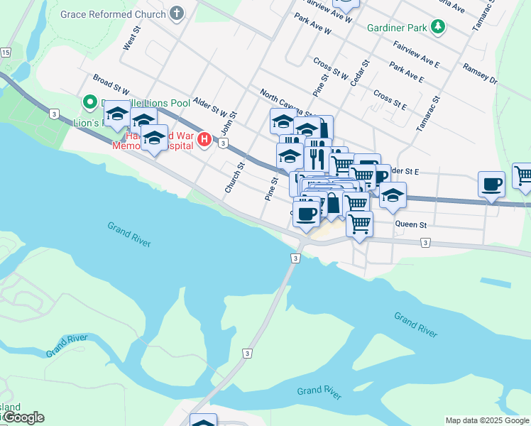 map of restaurants, bars, coffee shops, grocery stores, and more near 113 Pine Street in Haldimand County