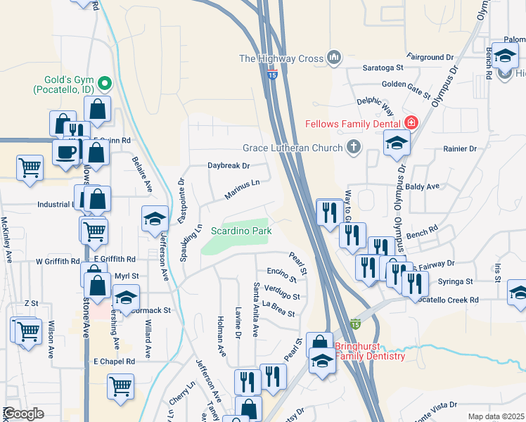 map of restaurants, bars, coffee shops, grocery stores, and more near 945 Park Lane in Pocatello