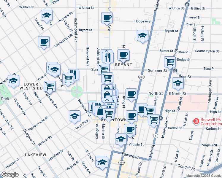 map of restaurants, bars, coffee shops, grocery stores, and more near 220 Elmwood Avenue in Buffalo