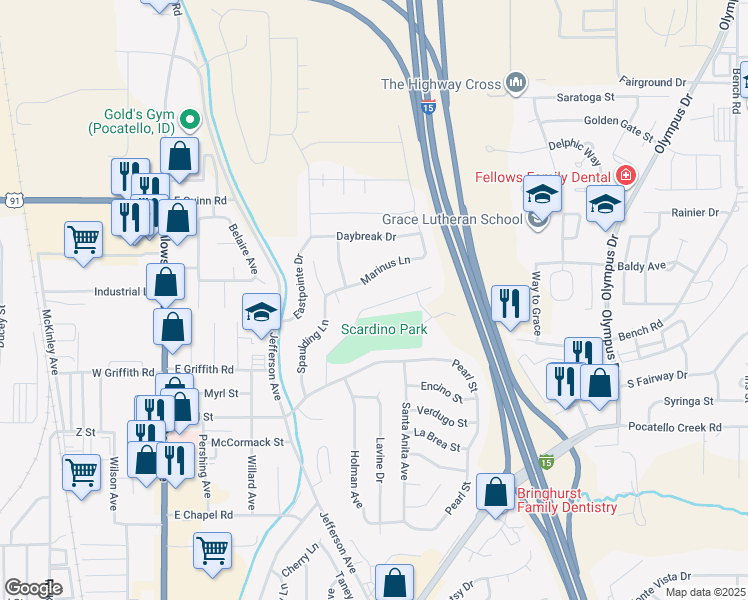 map of restaurants, bars, coffee shops, grocery stores, and more near 816 Park Lane in Pocatello
