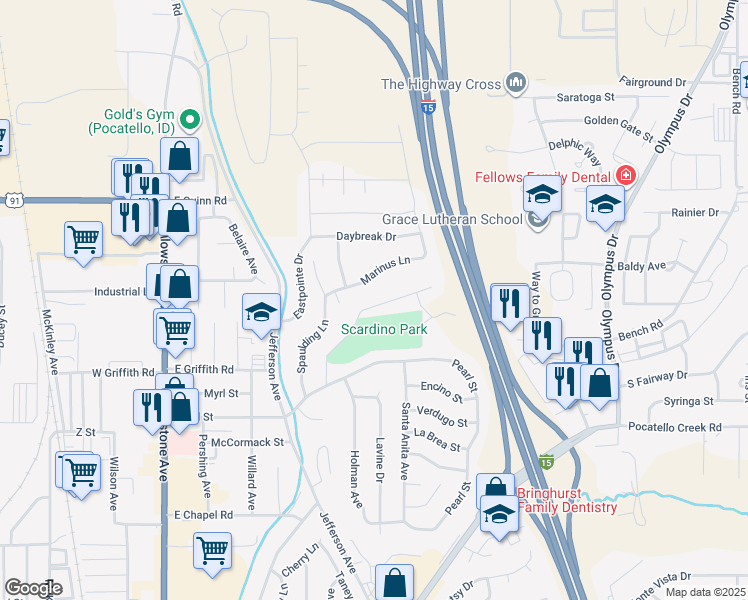map of restaurants, bars, coffee shops, grocery stores, and more near 816 Park Lane in Pocatello