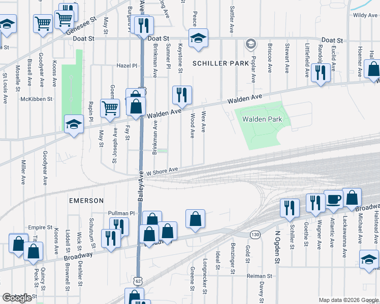 map of restaurants, bars, coffee shops, grocery stores, and more near 34 Wood Avenue in Buffalo