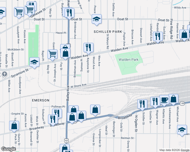 map of restaurants, bars, coffee shops, grocery stores, and more near 37 Wood Avenue in Buffalo