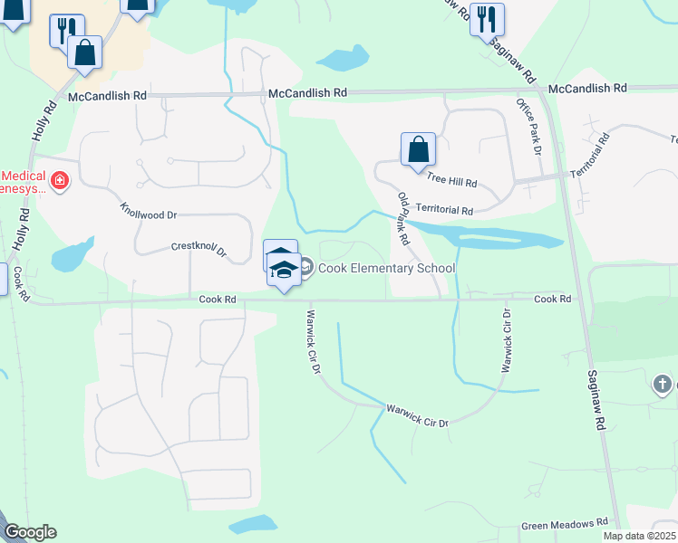map of restaurants, bars, coffee shops, grocery stores, and more near 4455 East Cook Road in Grand Blanc
