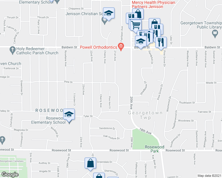 map of restaurants, bars, coffee shops, grocery stores, and more near 7352 Pine Aire Court in Georgetown Township