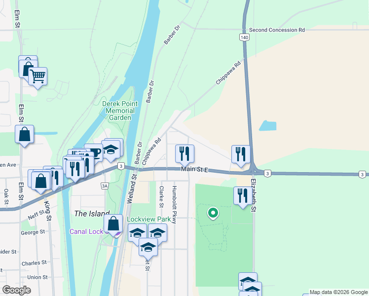 map of restaurants, bars, coffee shops, grocery stores, and more near 400 Wellington Street in Port Colborne