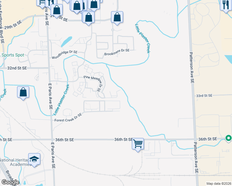 map of restaurants, bars, coffee shops, grocery stores, and more near 3380 Pine Meadow Drive Southeast in Grand Rapids