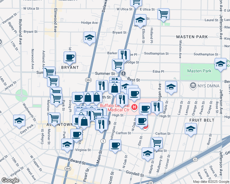 map of restaurants, bars, coffee shops, grocery stores, and more near 1051 Main St in Buffalo