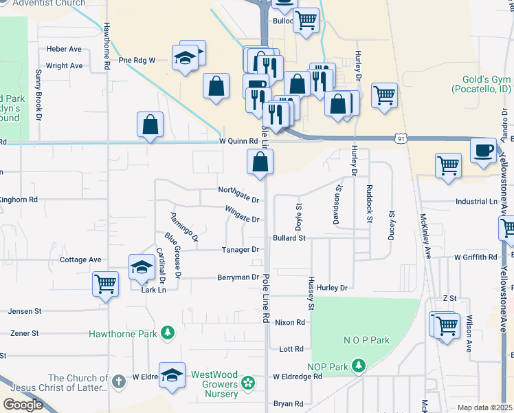 map of restaurants, bars, coffee shops, grocery stores, and more near 823 Northgate Drive in Pocatello