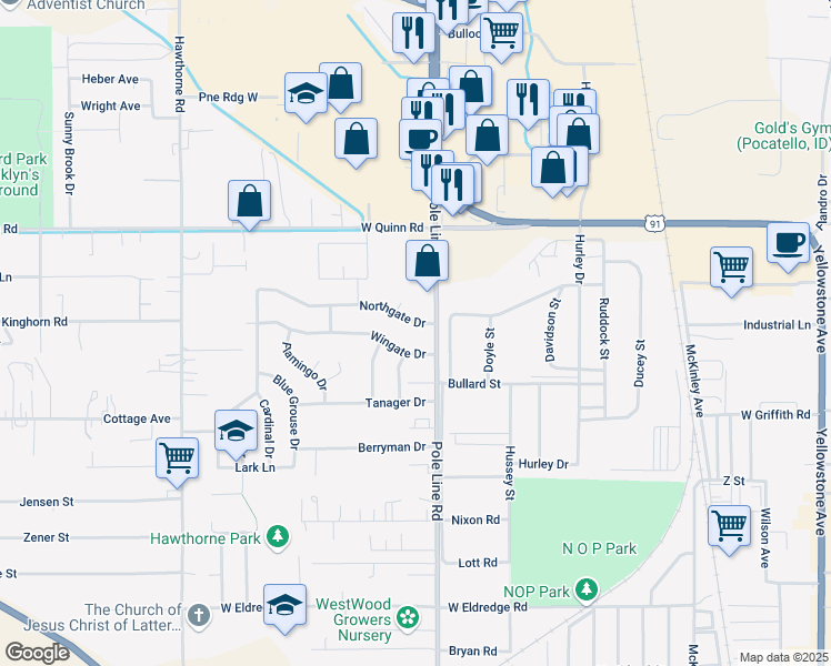 map of restaurants, bars, coffee shops, grocery stores, and more near 823 Northgate Drive in Pocatello