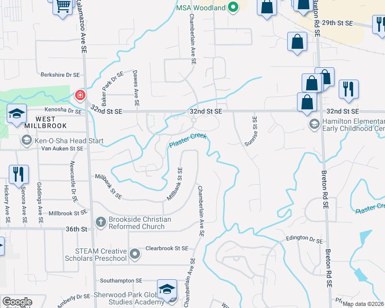 map of restaurants, bars, coffee shops, grocery stores, and more near 1960 Millbank Street Southeast in Grand Rapids
