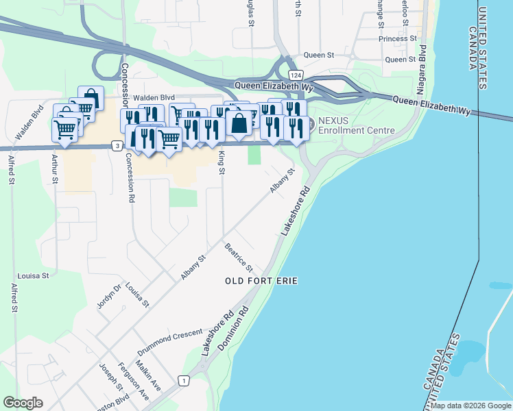 map of restaurants, bars, coffee shops, grocery stores, and more near 98 Albany Street in Fort Erie