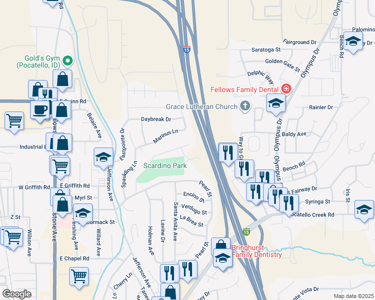 map of restaurants, bars, coffee shops, grocery stores, and more near 945 Park Lane in Pocatello